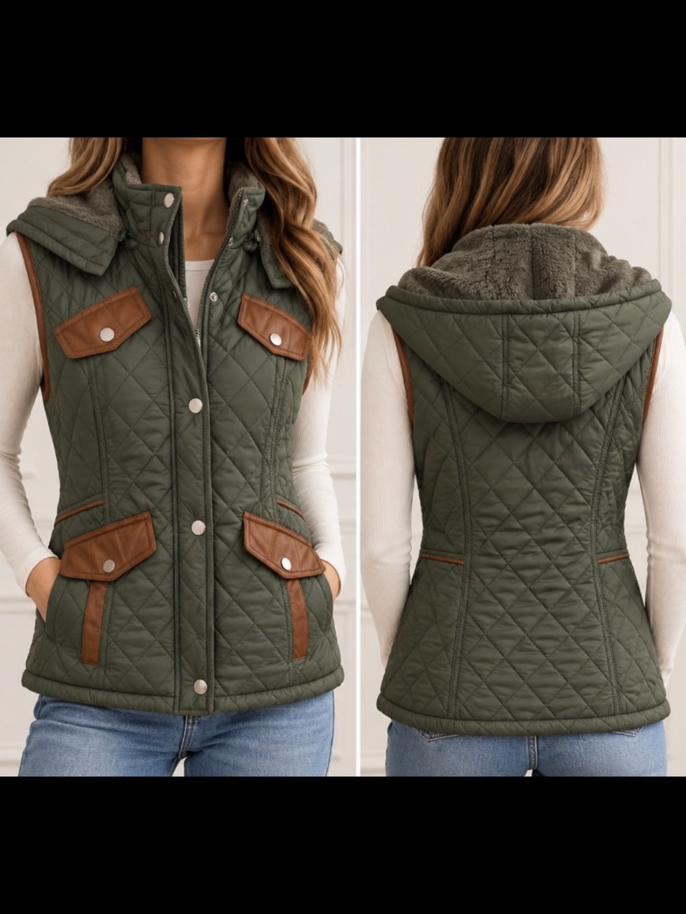 Olive green quilted faux for line, hooded utility vest size medium - Picture 1 of 3